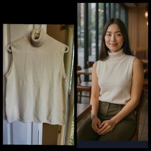 Land’s End Beige cashmere sleeveless Off-white turtleneck size 14-16●